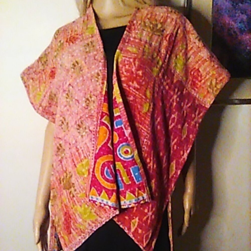 Kantha Free Spirit Kimono Pink Reversible Red L & Under Handmade Boho Hippie